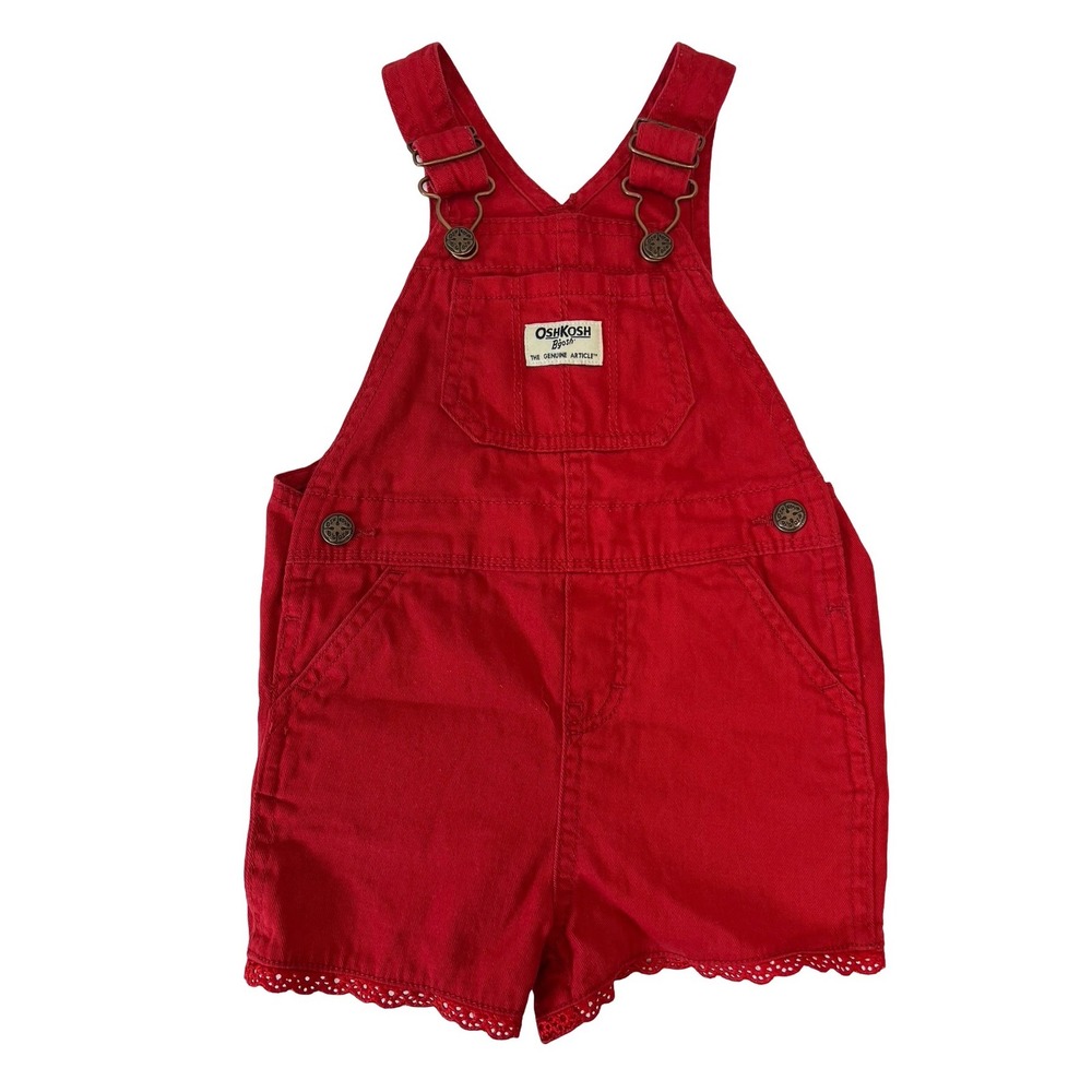 OshKosh Bgosh Baby Girls Red Denim Shortall Overalls Eyelet Trim 18M 1T161410
